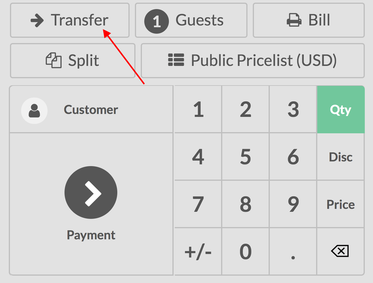 Vista de la interfaz de PdV y el botón de transferir. Cómo transferir clientes de una mesa a otra