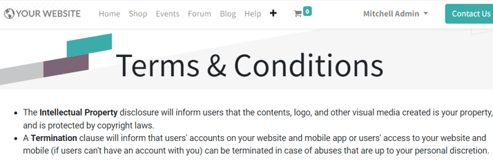 Términos y condiciones en una página del sitio web.