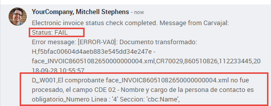 Errores de validación XML que se muestran en el chatter de la factura en Odoo.