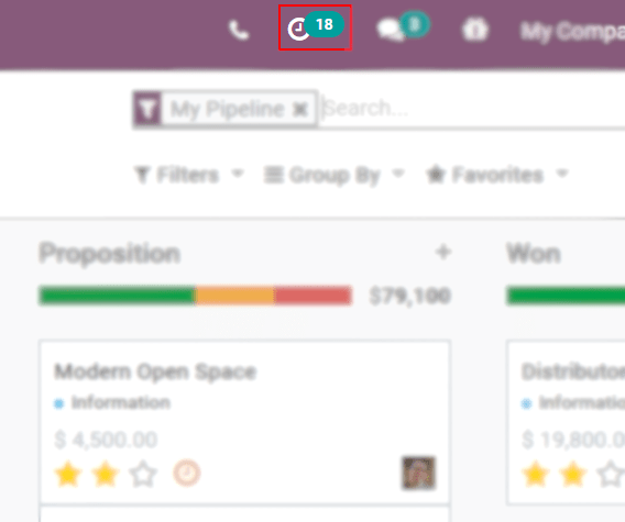 Vue d'une page des pistes dans CRM mettant en évidence menu d'activités d'Odoo Discussion