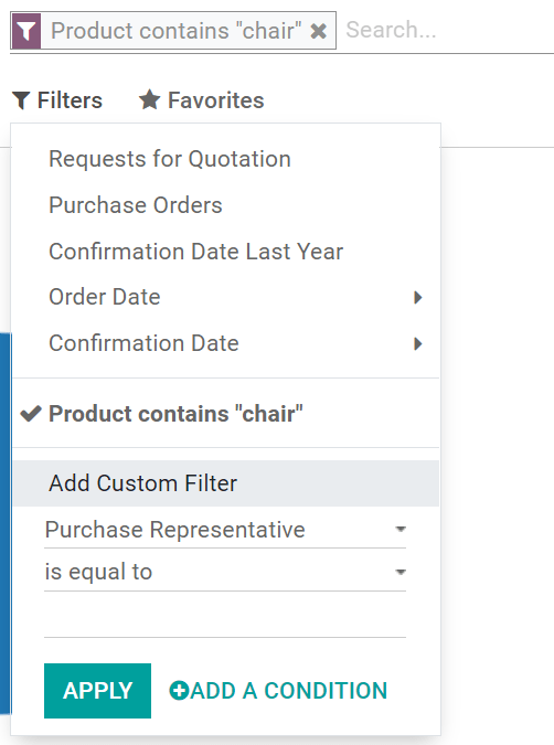 Filtre de rapportage personnalisé dans Odoo Achats