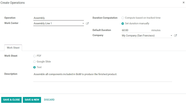 Bill of materials create operations popup on operations tab.