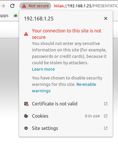 Le bouton dans la navigateur Google Chrome signalant que la Connexion à l'imprimante n'est pas sécurisée.