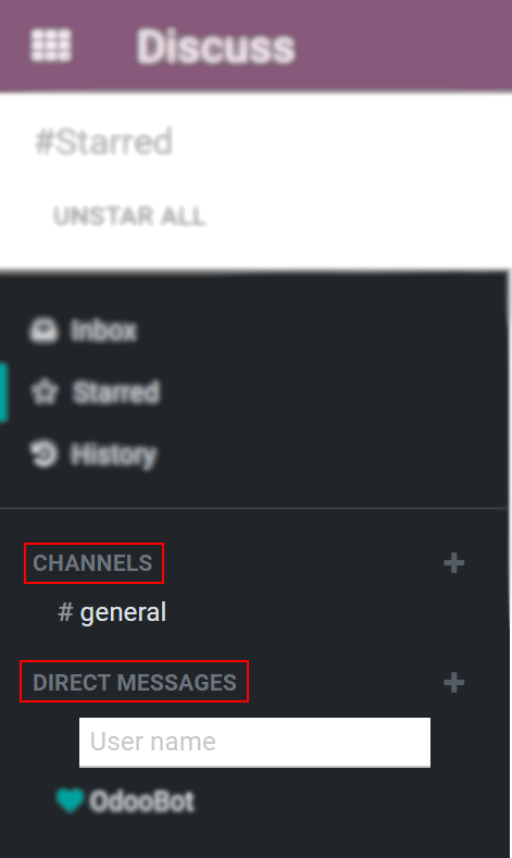 Vue du panneau de discussion mettant en évidence les titres, les canaux et les messages directs dans Odoo Discussion