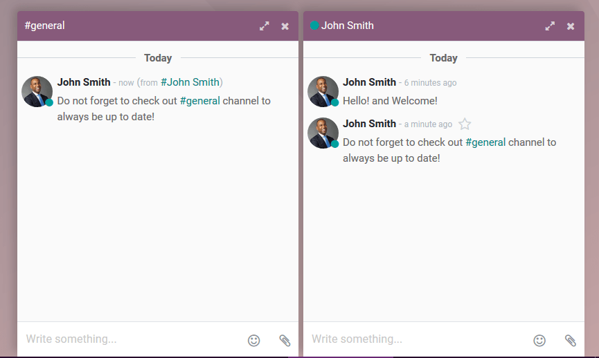 Vue de quelques fenêtres de chat dans Odoo Discussion