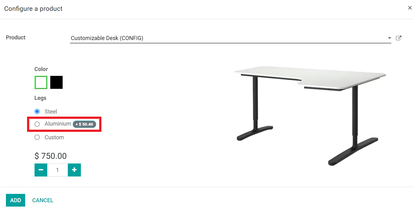 Configurateur de produit et prix supplémentaires