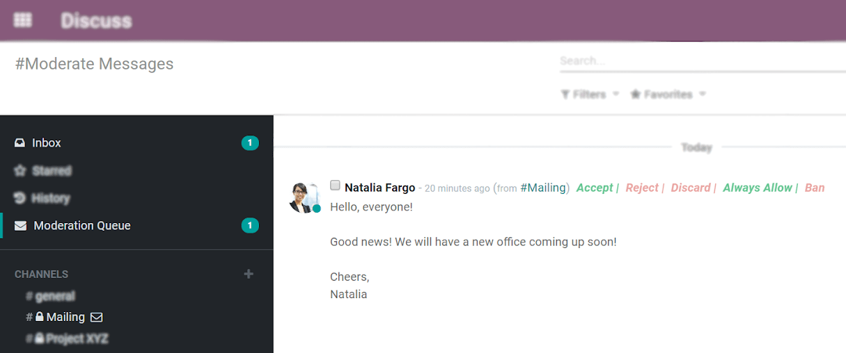 Vue d'un message en cours de modération dans Odoo Discussion