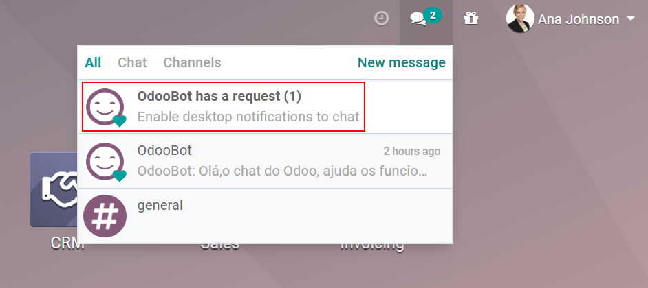 Vue des messages sous le menu des messages mettant en évidence la demande de  notifications push dans Odoo Discussion