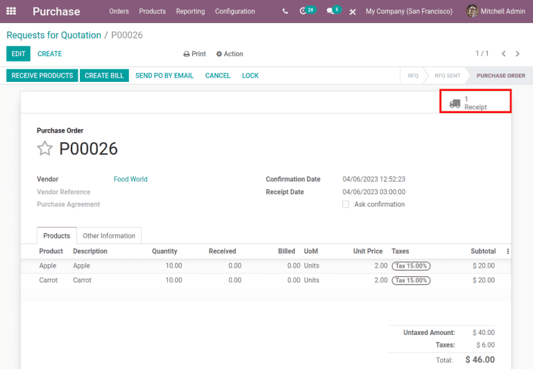 View purchase order for apples and carrots.