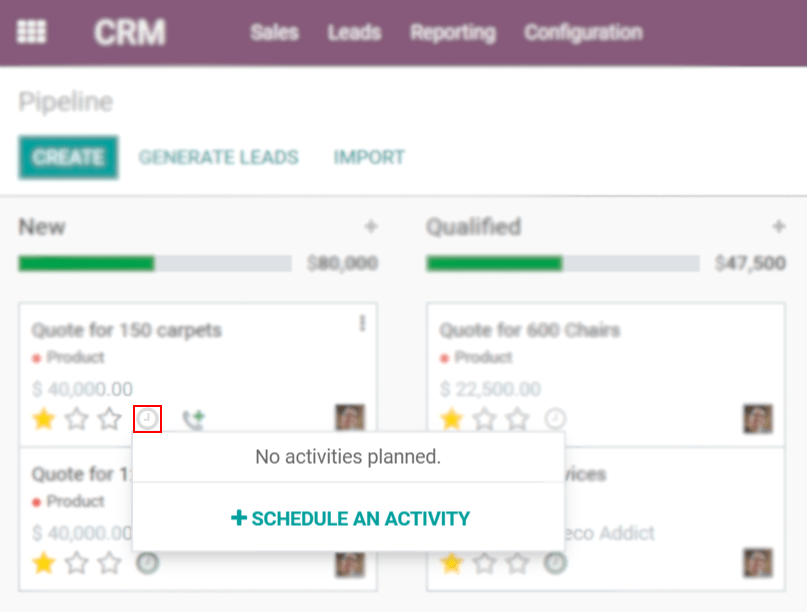 Vue des pistes CRM et l'option de planifier une activité pour Odoo Discussion