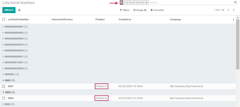 Page de rapport sur les numéros de série avec listes déroulantes.