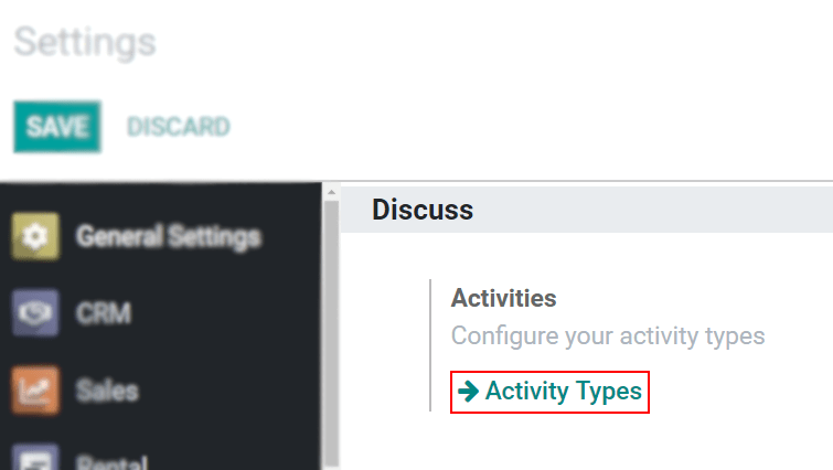 Vue de la page paramètres mettant en évidence le menu des types d'activités pour Odoo Discussion