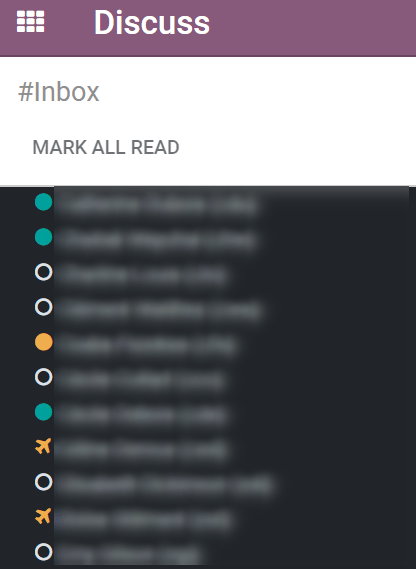 Vue du statut des contacts dans Odoo Discussion