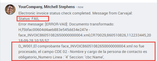 Erreurs de validation XML affichées dans le chatter de la facture dans Odoo.