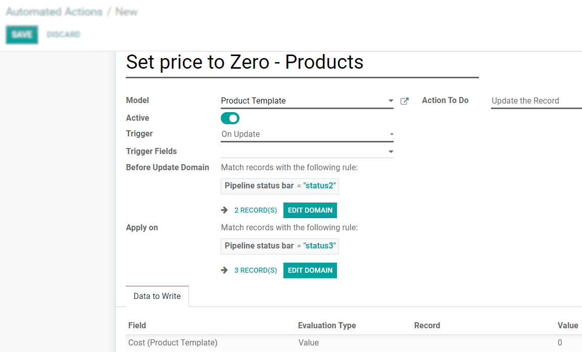 View of the automated action created to set the price of a product to zero in Odoo Studio