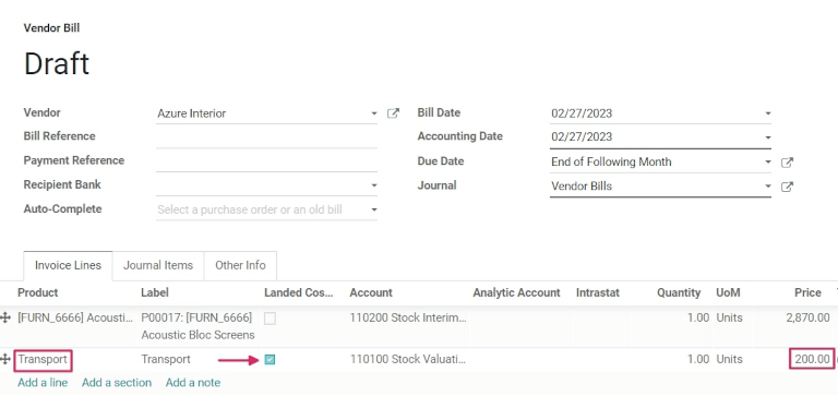 Landed cost added on product lines on vendor bill.