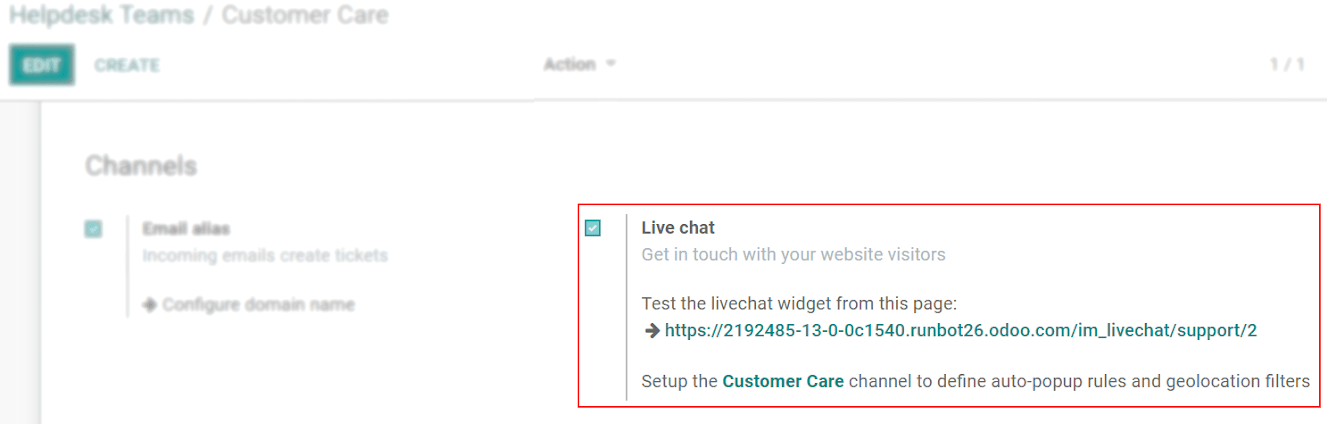 View of the settings page of a helpdesk team emphasizing the live chat features and links in Odoo Helpdesk