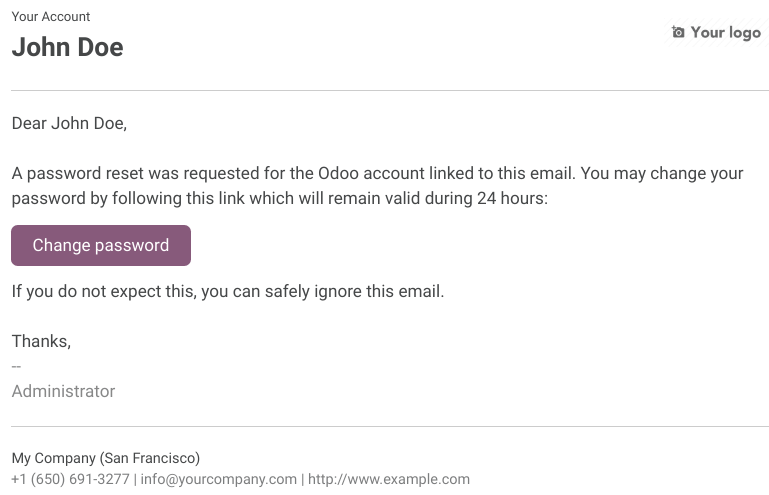 Voorbeeld van een e-mail met een link om een wachtwoord te resetten voor een Odoo-account