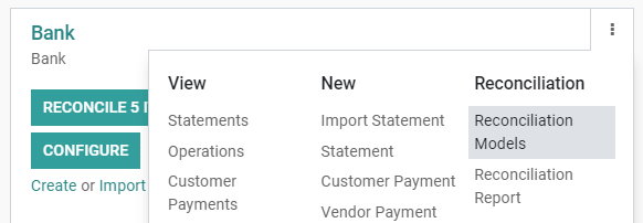 Open the reconciliation model menu from the overview dashboard in Odoo Accounting.