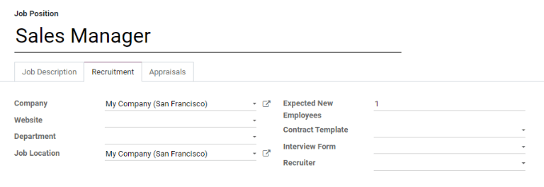 Enter job information details in the recruitment tab.
