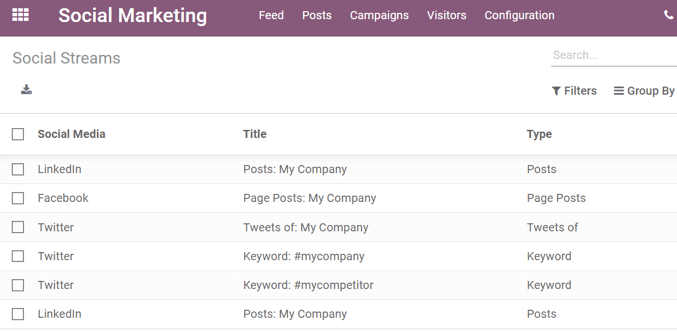Weergave van de pagina Socialmedia-accounts in Odoo Social marketing.