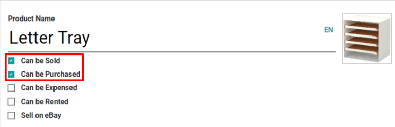 Enable the "Can be Sold" and "Can be Purchased" checkboxes on the product form.