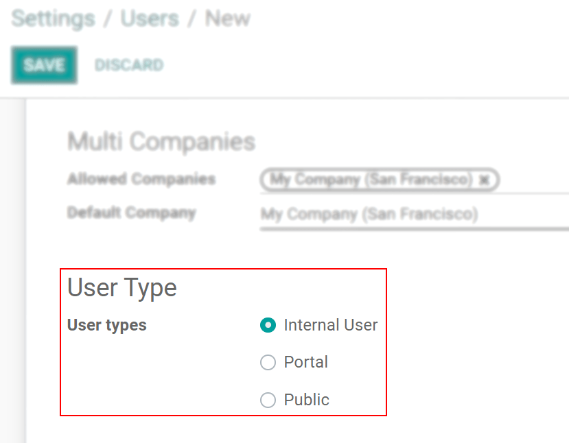 Weergave van een gebruikersformulier in ontwikkelaarsmodus met de nadruk op het veld Gebruikerstype in Odoo