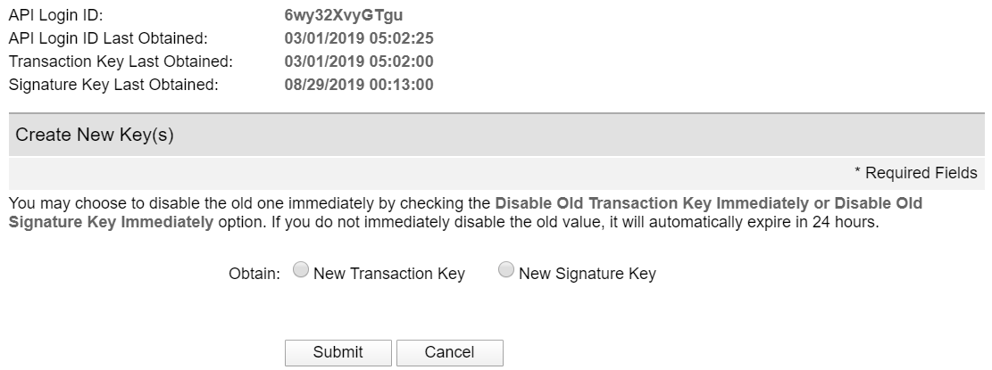 Generating the transaction and signature keys on Authorize.Net
