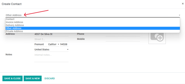 Create a new contact/address on a contact form.