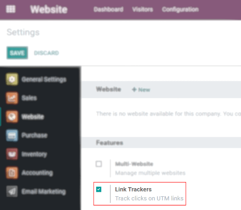 Vizualizarea paginii de setări ale site-ului web care subliniază câmpul Link Trackers în Odoo Website