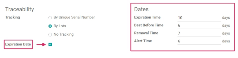 Expiration dates configuration on the product form.