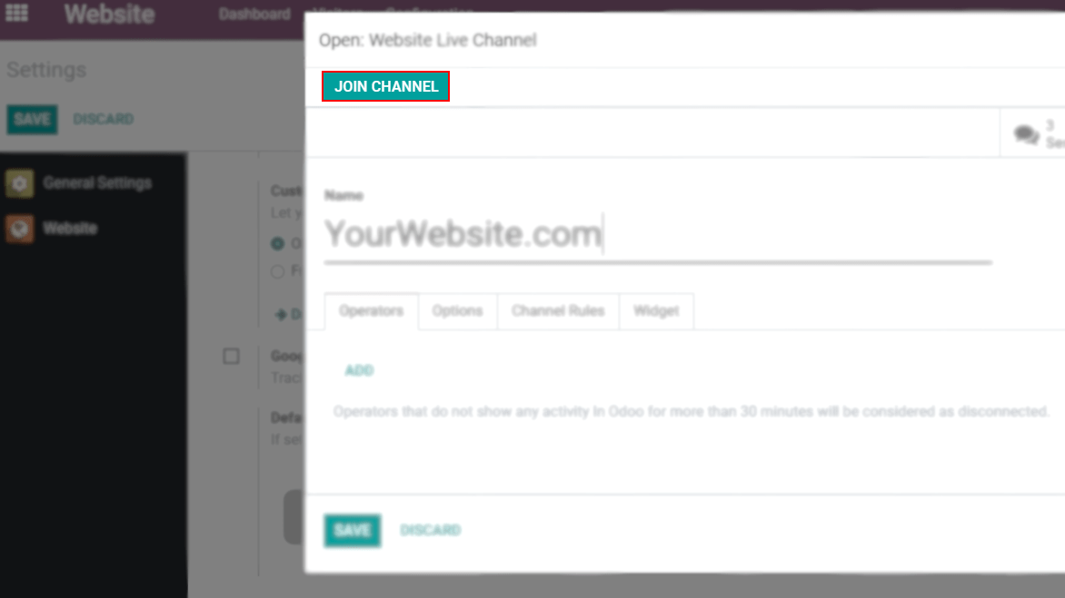 Vizualizarea unui formular de canal și opțiunea de a alătura unui canal pentru Odoo Chat în direct
