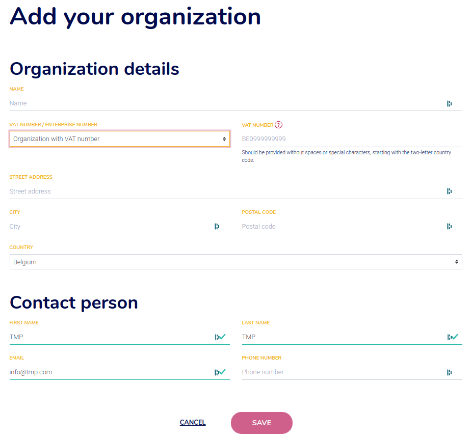 Completați formularul pentru a adăuga o organizație în Ponto.