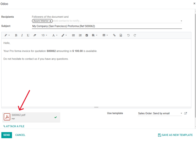 The email pop-up window that appears with pro-forma invoice attached in Odoo Sales.