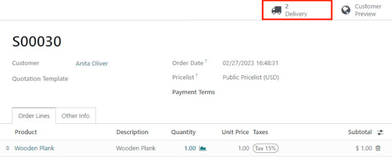 After confirming the sales order, the Delivery smart button appears showing two items associated with it.