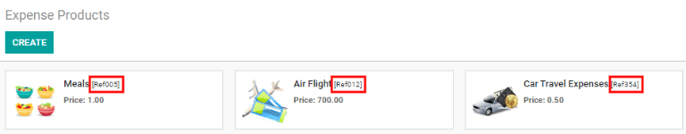 Internal reference numbers are listed in the main Expense Products view.