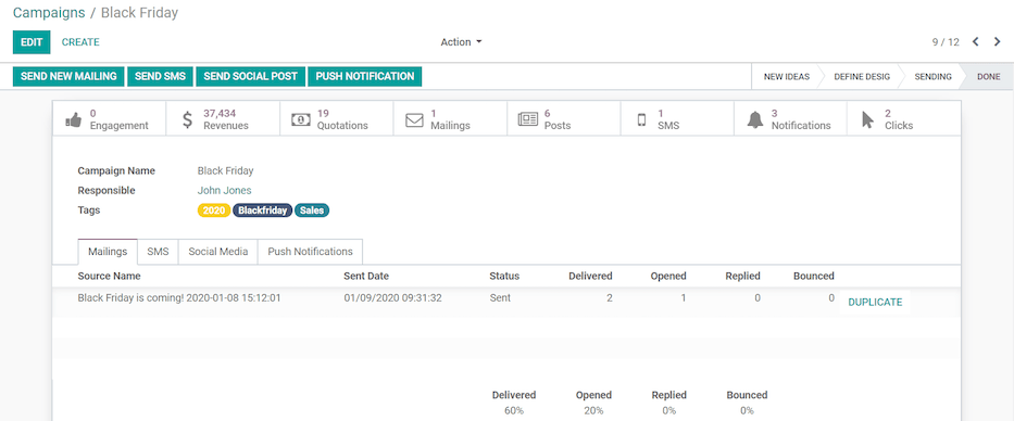 View of a sample campaign template page in Odoo Social Marketing.