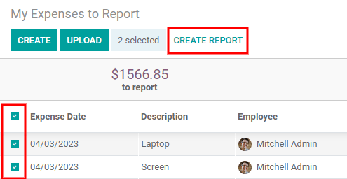 Select the expenses to submit, then create the report.