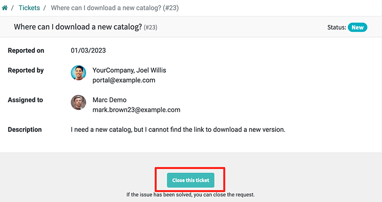 Customer view of ticket closing in Odoo Helpdesk.