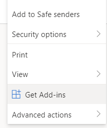 List of actions in Outlook, including the installation of new add-ins