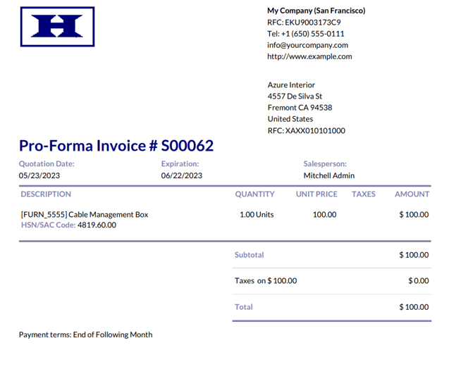 Sample pro-forma invoice PDF from Odoo Sales.