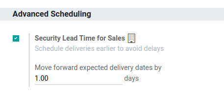 View of the security lead time for sales configuration from the sales settings.