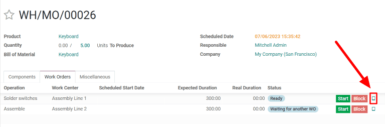 The tablet view button for a work order on a manufacturing order.