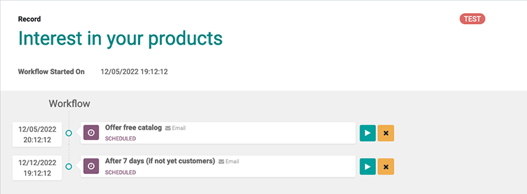 Test screen in Odoo Marketing Automation.