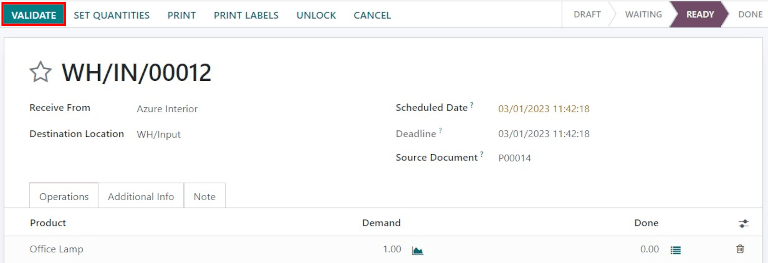 Validate the receipt by clicking Validate, and the product will be transferred to the WH/Quality location.