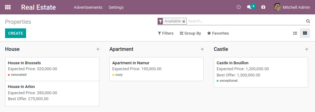 Tampilan <em>kanban view</em> Odoo