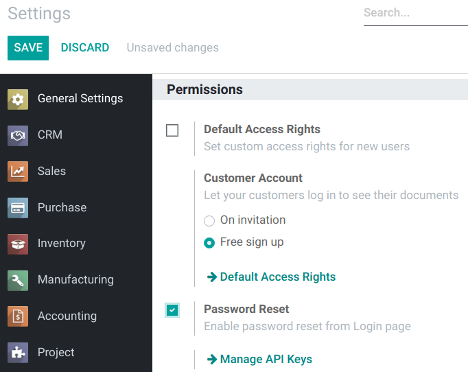 Enabling Password Reset in Odoo Settings