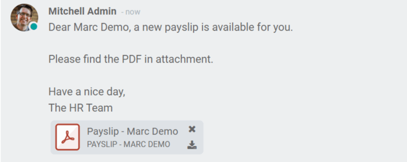 The new payslip is emailed to the employee and the email appears in the chatter.