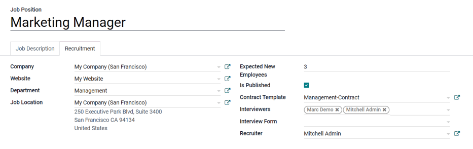 Enter job information details in the recruitment tab.