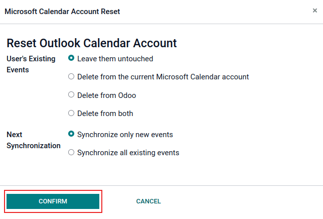 Outlook calendar reset options in Odoo.